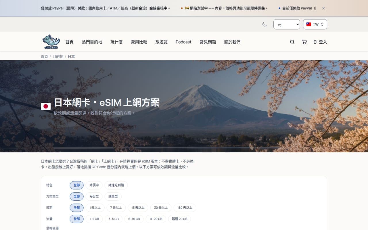 日本目的地頁：38 檔方案並排比價，可依天數與流量篩選。