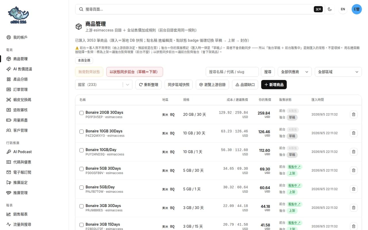 商品管理:上下架、售價與供應商方案對照。